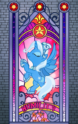 Size: 900x1435 | Tagged: safe, artist:pixelkitties, trixie, alicorn, pony, g4, idw, reflections, spoiler:comic, spoiler:comic18, alternate universe, discussion in the comments, eyeshadow, female, mirror universe, princess of humility, race swap, solo, stained glass, trixiecorn, vector