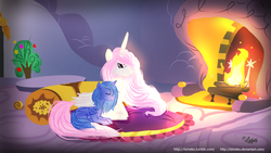 Size: 1024x576 | Tagged: safe, artist:lizineko, princess celestia, princess luna, g4, fireplace, pink-mane celestia, younger