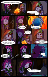 Size: 1024x1638 | Tagged: safe, artist:fj-c, pinkie pie, rainbow dash, human, g4, belly button, comic, dialogue, fantasy equestria, fire, humanized, midriff, pony coloring