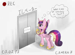 Size: 2205x1609 | Tagged: dead source, safe, artist:irigulus, princess cadance, g4, camera, camera shot, elevator, female, japanese, out of order, recording, solo