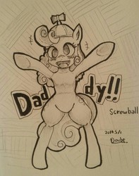 Size: 1008x1280 | Tagged: safe, artist:doubt, screwball, pony, g4, bipedal, daddy discord, female, monochrome, solo, traditional art