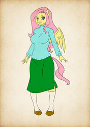 Size: 752x1063 | Tagged: safe, artist:thecreator9, fluttershy, anthro, g4, breasts, busty fluttershy, clothes, female, skirt, solo, sweater, sweatershy