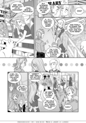 Size: 644x925 | Tagged: safe, applejack, fluttershy, rainbow dash, human, g4, cameo, comic, expy, humanized, magick chicks, monochrome, pony cameo, pony reference, shipping, webcomic