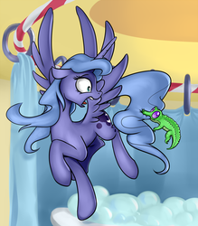 Size: 2052x2340 | Tagged: safe, artist:nadnerbd, gummy, princess luna, alicorn, alligator, pony, fanfic:when she felt her wings unfold, g4, bath, bathtub, biting, bubble, bubble bath, fanfic art, female, high res, jumping, long tail, looking back, mare, open mouth, pet, raised hoof, raised leg, s1 luna, shower curtain, slender, spread wings, surprised, tail, tail bite, thin, wings