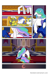 Size: 792x1224 | Tagged: safe, artist:donzatch, princess celestia, princess luna, comic:tale of twilight, g4, anatomically incorrect, blood, comic, incorrect leg anatomy, moon, royal guard