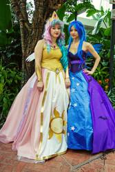 Size: 1366x2048 | Tagged: safe, artist:flying-fox, princess celestia, princess luna, human, g4, cosplay, irl, irl human, photo