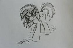 Size: 1024x683 | Tagged: safe, artist:pajaga, dj pon-3, vinyl scratch, g4, female, monochrome, pencil drawing, solo