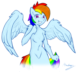 Size: 1353x1268 | Tagged: safe, artist:ambris, artist:thenationmaker, rainbow dash, pegasus, anthro, g4, breasts, chest fluff, featureless breasts, female, fluffy, solo