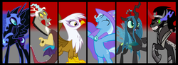 Size: 851x314 | Tagged: safe, artist:neonsenpai, discord, gilda, king sombra, nightmare moon, queen chrysalis, trixie, griffon, g4, antagonist