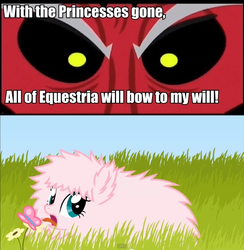 Size: 639x655 | Tagged: safe, lord tirek, oc, oc:fluffle puff, butterfly, centaur, taur, g4, my little pony: friendship is magic, twilight's kingdom, exploitable meme, female, grass, male, mare, meme, tirek vs everyone meme