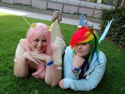 Size: 960x720 | Tagged: safe, artist:ladynanaki, fluttershy, rainbow dash, human, g4, cosplay, irl, irl human, photo