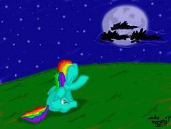 Size: 1600x1200 | Tagged: safe, artist:ladynanaki, rainbow dash, pegasus, pony, g4, flying, looking up, meadow, moon, multiple characters, night, pointing, sitting, sky, starry sky, tail, windswept tail