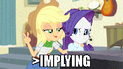 Size: 640x360 | Tagged: safe, screencap, applejack, rarity, equestria girls, g4, my little pony equestria girls: rainbow rocks, player piano, air quotes, animated, female, image macro, implying, meme, pouting