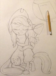 Size: 772x1036 | Tagged: safe, artist:thefriendlyelephant, apple bloom, applejack, g4, card, emotional, hug, sketch, traditional art, wip