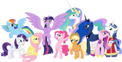 Size: 23061x11765 | Tagged: safe, artist:eillahwolf, applejack, fluttershy, pinkie pie, princess cadance, princess celestia, princess luna, rainbow dash, rarity, shining armor, twilight sparkle, alicorn, pony, g4, absurd resolution, female, mane six, mare, twilight sparkle (alicorn)