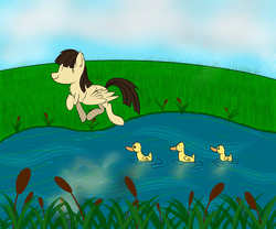 Size: 6000x5000 | Tagged: safe, artist:eillahwolf, wild fire, duck, g4, absurd resolution, baby duck syndrome, duckling, eyes closed, female, fluffy, happy, sibsy, smiling, solo, trotting