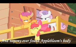 Size: 1280x800 | Tagged: safe, screencap, apple bloom, scootaloo, sweetie belle, g4, caption, clubhouse, crusaders clubhouse, cutie mark crusaders, implied murder, treehouse