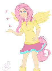 Size: 600x814 | Tagged: safe, artist:nynjakat, fluttershy, human, g4, clothes, female, humanized, nail polish, short-sleeved sweater, skirt, solo, sweater, sweatershy, tailed humanization, winged humanization