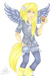 Size: 700x950 | Tagged: safe, artist:nynjakat, derpy hooves, human, g4, female, food, humanized, muffin, solo, tailed humanization, winged humanization