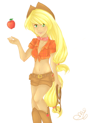 Size: 700x950 | Tagged: safe, artist:nynjakat, applejack, human, g4, female, humanized, simple background, solo, tailed humanization