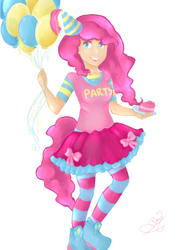 Size: 700x950 | Tagged: safe, artist:nynjakat, pinkie pie, human, g4, buttons, female, humanized, solo, tailed humanization