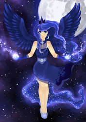 Size: 850x1200 | Tagged: safe, artist:nynjakat, princess luna, human, g4, female, horn, horned humanization, humanized, mare in the moon, moon, solo, tailed humanization, winged humanization