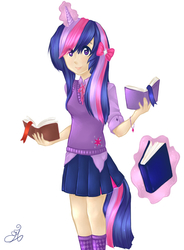 Size: 700x950 | Tagged: safe, artist:nynjakat, twilight sparkle, human, g4, bow, female, horn, horned humanization, humanized, magic, solo, tailed humanization