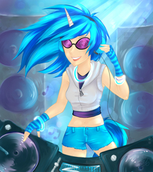 Size: 700x788 | Tagged: safe, artist:nynjakat, dj pon-3, vinyl scratch, human, g4, female, horn, horned humanization, humanized, solo, tailed humanization