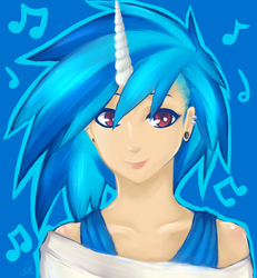 Size: 600x650 | Tagged: safe, artist:nynjakat, dj pon-3, vinyl scratch, human, g4, female, horn, horned humanization, humanized, solo