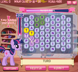 Size: 650x600 | Tagged: safe, twilight sparkle, pony, unicorn, g4, female, game, mare, poop, scat, solo, twilight sparkle's magical mysteries, unicorn twilight