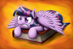 Size: 3919x2622 | Tagged: safe, artist:otakuap, twilight sparkle, alicorn, bird, bird pone, pony, g4, adorkable, angry, behaving like a bird, book, bookhorse, cute, defensive, dork, female, glare, gritted teeth, high res, mare, micro, possessive, prone, protecting, solo, spread wings, that pony sure does love books, twilight sparkle (alicorn), twilight sparkle is not amused, unamused