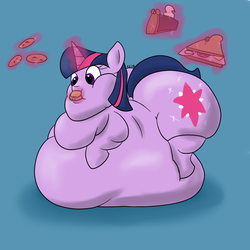 Size: 1000x1000 | Tagged: safe, artist:watertimdragon, twilight sparkle, g4, butt, cookie, fat, feeding, female, immobile, magic, morbidly obese, obese, plot, sandwich, solo, stuffing, twilard sparkle