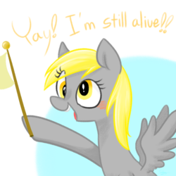 Size: 650x650 | Tagged: safe, artist:shining-dog, derpy hooves, pegasus, pony, g4, rainbow falls, female, flag, mare, pixiv, solo, the grey one's glorious return