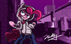 Size: 2560x1600 | Tagged: safe, artist:hotdog, pinkie pie, g4, alley, clothes, female, hoodie, jeans, sneakers, solo, street
