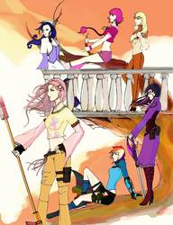 Size: 2480x3232 | Tagged: safe, artist:danecelestia, applejack, fluttershy, pinkie pie, rainbow dash, rarity, twilight sparkle, human, g4, badass, belly button, boots, cleavage, clothes, crossover, dress, female, flutterbadass, hair tie, high heels, high res, humanized, leaning, looking back, mane six, midriff, monocle, rwby, sitting, smiling, staff, sword, twilight sparkle (alicorn), weapon, windswept mane
