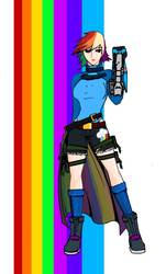 Size: 1448x2394 | Tagged: safe, artist:danecelestia, rainbow dash, human, g4, belt, clothes, crossover, female, gauntlet, gun, humanized, looking at you, rwby, shorts, smiling, solo, weapon