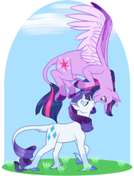 Size: 889x1166 | Tagged: safe, artist:arcticwaters, rarity, twilight sparkle, alicorn, classical unicorn, pony, unicorn, g4, blushing, boop, cloven hooves, eyes closed, female, flying, horn, kissing, lesbian, mare, noseboop, nuzzling, ship:rarilight, shipping, smiling, spread wings, twilight sparkle (alicorn), unshorn fetlocks, upside down