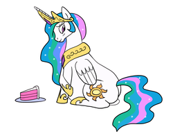 Size: 920x720 | Tagged: dead source, safe, artist:artfur, princess celestia, alicorn, pony, g4, belly, blushing, cake, cakelestia, fat, female, food, mare, simple background, sitting, solo, white background