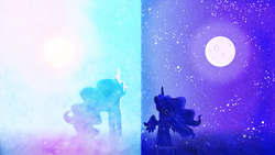 Size: 1600x900 | Tagged: safe, artist:jordila-forge, artist:spaceisthelimit, princess celestia, princess luna, alicorn, pony, g4, day, female, mare, moon, night, rear view, royal sisters, sisters, sun, vector, wallpaper