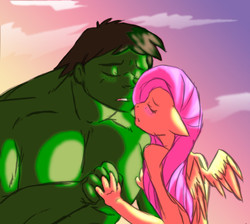 Size: 600x537 | Tagged: safe, artist:geckofly, fluttershy, anthro, g4, crossover, crossover shipping, female, flutterhulk, male, shipping, straight, the incredible hulk, wat