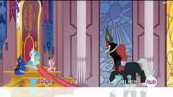 Size: 1920x1080 | Tagged: safe, screencap, lord tirek, princess cadance, princess celestia, princess luna, alicorn, centaur, pony, g4, twilight's kingdom, canterlot throne room, cloven hooves, female, hub logo, male, mare, stained glass, throne, throne room