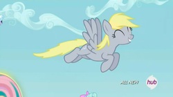 Size: 1448x810 | Tagged: safe, screencap, cloudchaser, derpy hooves, flitter, fluttershy, pegasus, pony, g4, twilight's kingdom, ^^, all new, eyes closed, female, flying, hub logo, mare, offscreen character, rainbow power, solo focus, text