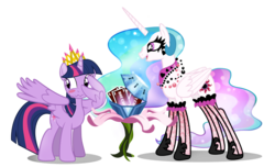 Size: 1200x729 | Tagged: safe, artist:pixelkitties, princess celestia, twilight sparkle, alicorn, pony, g4, blush sticker, blushing, clothes, duo, embarrassed, female, hot topic, mare, ponymania, simple background, stockings, transparent background, twilight sparkle (alicorn), vector