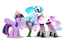 Size: 1200x729 | Tagged: safe, artist:pixelkitties, princess celestia, twilight sparkle, alicorn, pony, g4, blush sticker, blushing, chest of harmony, clothes, duo, duo female, embarrassed, female, flower, hot topic, mare, ponymania, simple background, stockings, transparent background, twilight sparkle (alicorn), vector