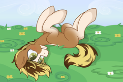 Size: 3191x2128 | Tagged: safe, artist:daydreamsyndrom, oc, oc only, blank flank, flower, grass, grin, high res, legs in air, meadow, on back, rolling, smiling, solo