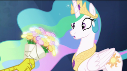 Size: 1920x1080 | Tagged: safe, screencap, discord, princess celestia, alicorn, pony, g4, twilight's kingdom, :o, bouquet, cross-eyed, female, flower, implied mane six, mare, offscreen character, open mouth, reaction image, shipping fuel, surprised, wallpaper, wide eyes
