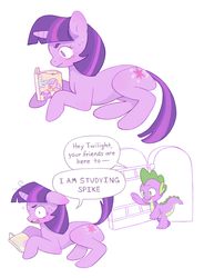Size: 626x850 | Tagged: safe, artist:cherucat, spike, twilight sparkle, dragon, pony, unicorn, g4, blushing, caught, comic, door, female, lesbian, male, mare, partial color, prone, raised tail, reading, sweat