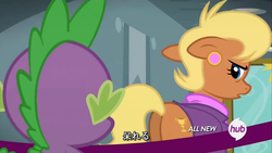 Size: 1024x576 | Tagged: safe, screencap, ms. harshwhinny, spike, pony, equestria games (episode), g4, all new, butt, equestria games, female, hub logo, japanese, mare, out of context, plot
