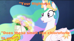 Size: 960x540 | Tagged: safe, screencap, discord, princess celestia, g4, twilight's kingdom, chloroform, flower, text