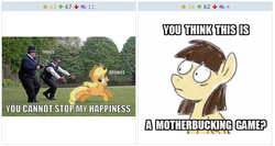 Size: 566x302 | Tagged: safe, applejack, wild fire, human, pony, derpibooru, g4, artifact, baton, caption, chase, crossover, danny butterman, exploitable meme, fuck the police, hot fuzz, irl, irl human, juxtaposition, juxtaposition win, meme, meta, needs more jpeg, nicholas angel, nick frost, photo, police, ponies in real life, reaction image, sibsy, simon pegg, tree, vector, you think this is a motherfucking game